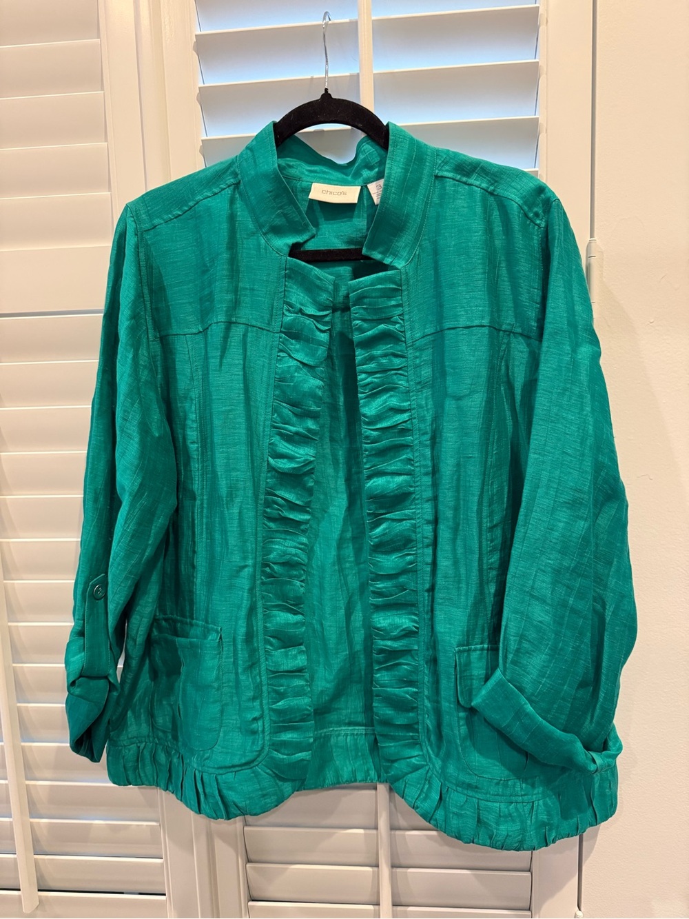 Chico's Teal Ruffle-Front Lightweight Jacket